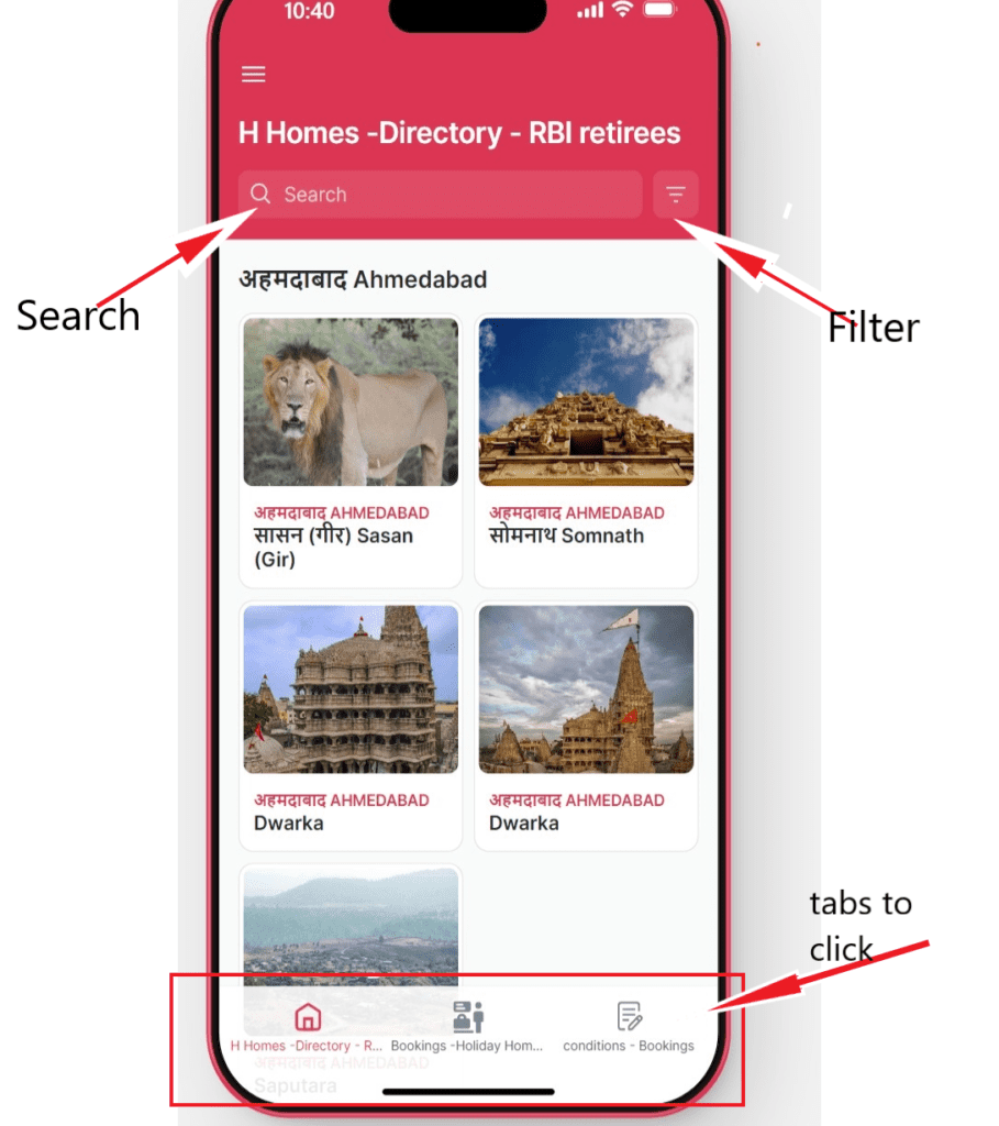 Holiday Homes Directory for RBI Retirees - Web App 1 Holiday Homes Directory Main Screen