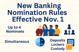 llustration of new banking nomination rules effective Nov 1, showing seniors and bank officer with checklist