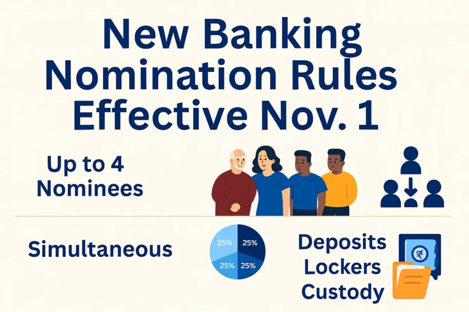 New Bank Nomination Rules from Nov 1: What Seniors Need to Know 1 llustration of new banking nomination rules effective Nov 1, showing seniors and bank officer with checklist