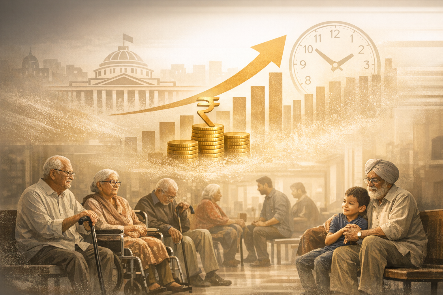 Senior citizens supported by family awaiting enhanced pension